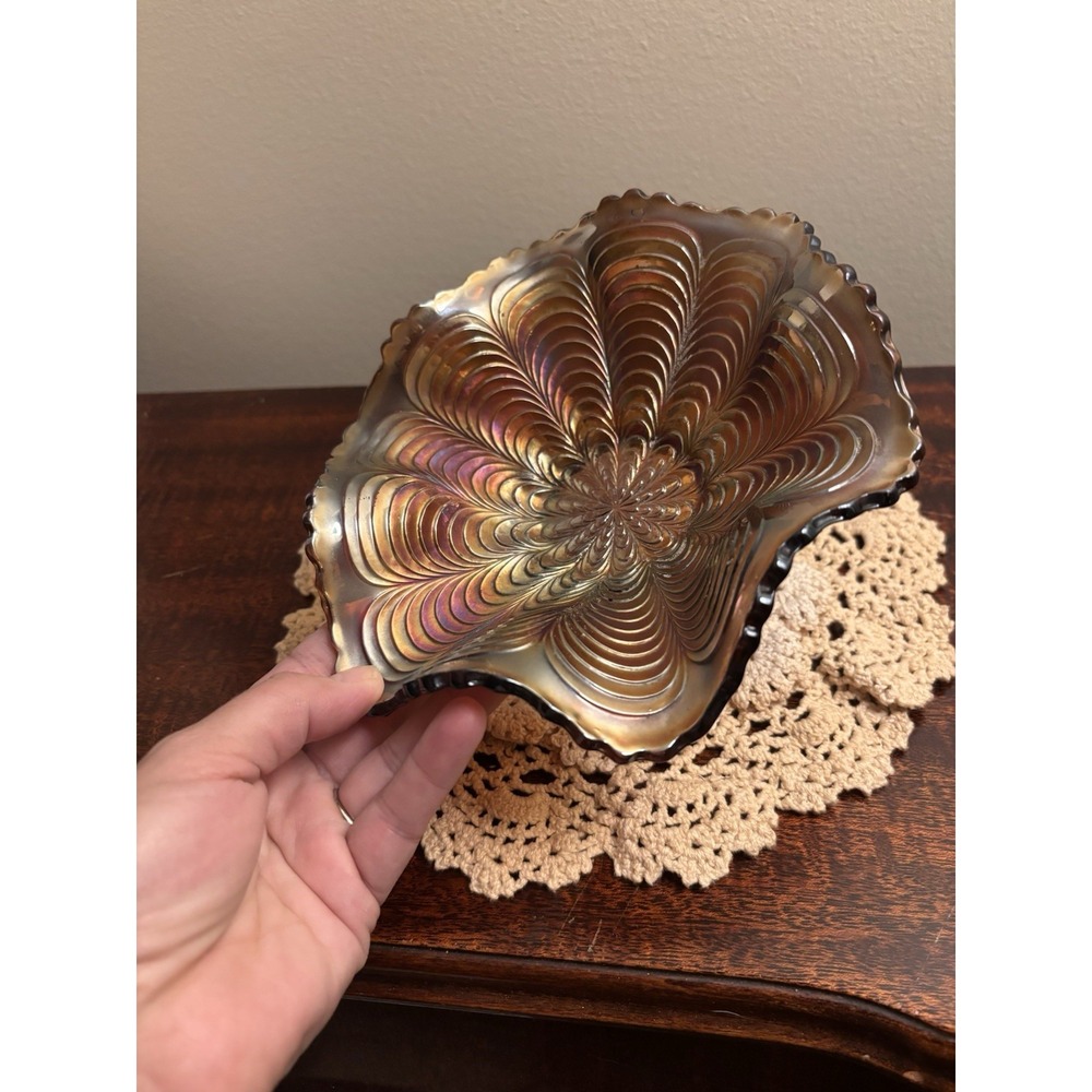 Vintage Fenton Marigold Carnival Glass Ruffled Bowl Peacock Tail Iridescent - Picture 3 of 11